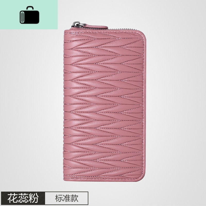 女士皮褶皱钱包女长款皮2020新款潮简约多功能钱夹女式皮夹子NEW LAKE 花蕊粉