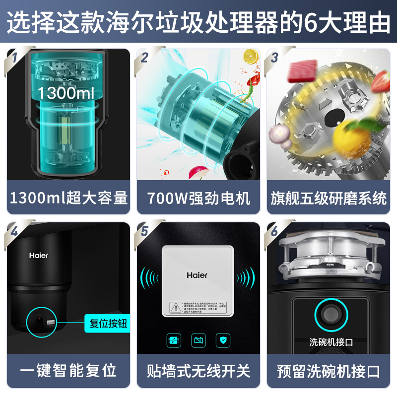 海尔(Haier) 垃圾处理器家用 厨房厨余食物湿垃圾粉碎 降噪不卡机可接洗碗机 智能尊享LD700-H1