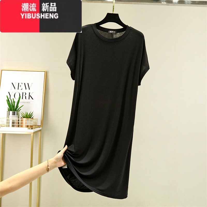 YIBUSHENG莫代尔短袖连衣裙女薄内搭打底裙宽松大码家居睡裙百搭中长款裙子高清大图