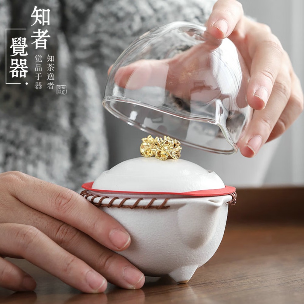 知者觉器貔貅旅行茶具套装 红色 一壶3杯高清大图