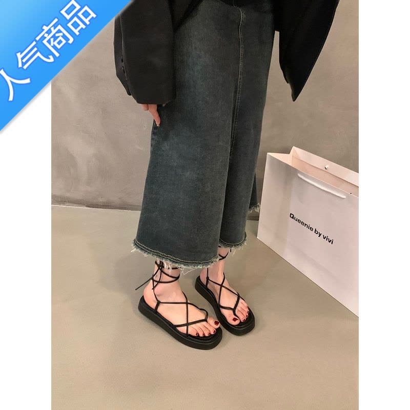 SUNTEK厚底夹趾细带凉鞋仙女鞋子2023年新款夏季小众复古绑带沙滩罗马鞋图片