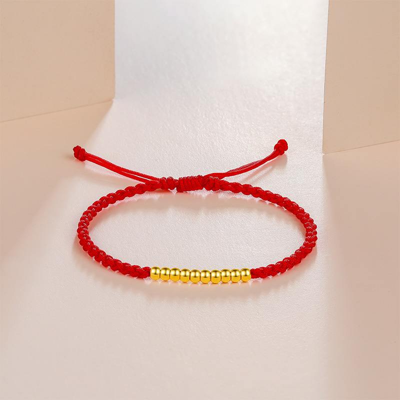 周六福zhouliufu黄金手链女士款足金小金珠光珠红绳手绳定价时尚百搭