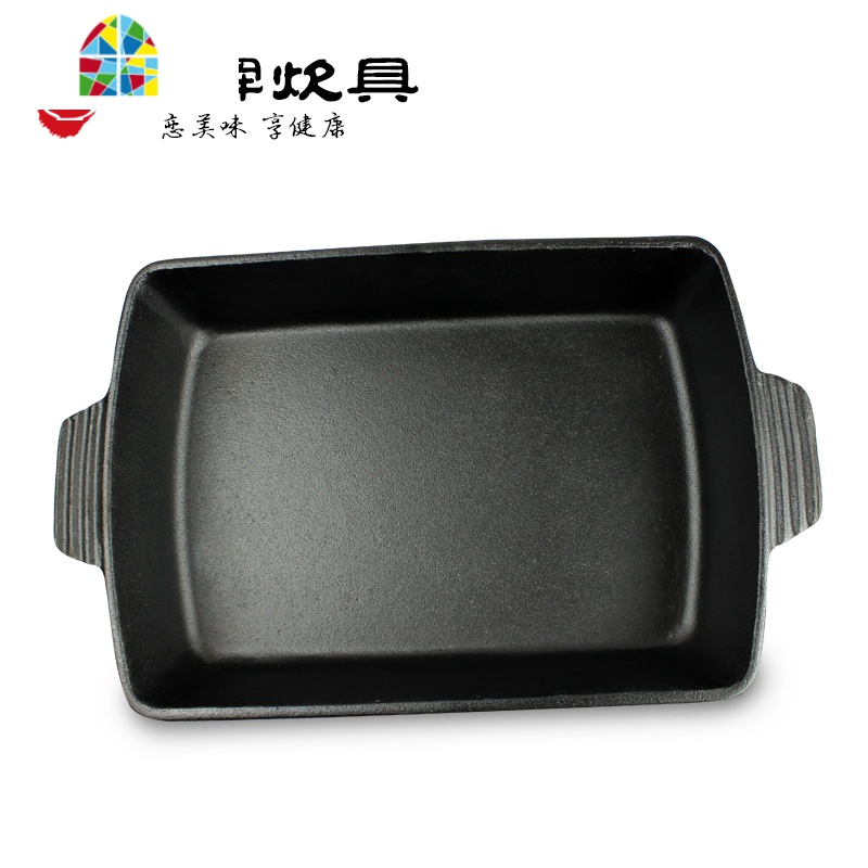 厨师专用铸铁无涂层平底煎锅牛排烤肉饭店用烤鱼长方形锅木盖 FENGHOU 外红内白珐琅长方形盘 38cm高清大图
