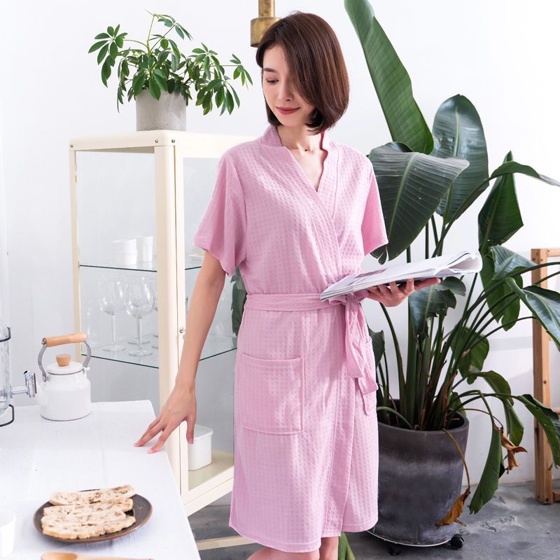 华夫格四季浴袍春秋宽松性感长款情侣睡衣睡裙酒店吸水睡袍睡衣女 华夫格粉色女【短袖】 2XL150-180斤