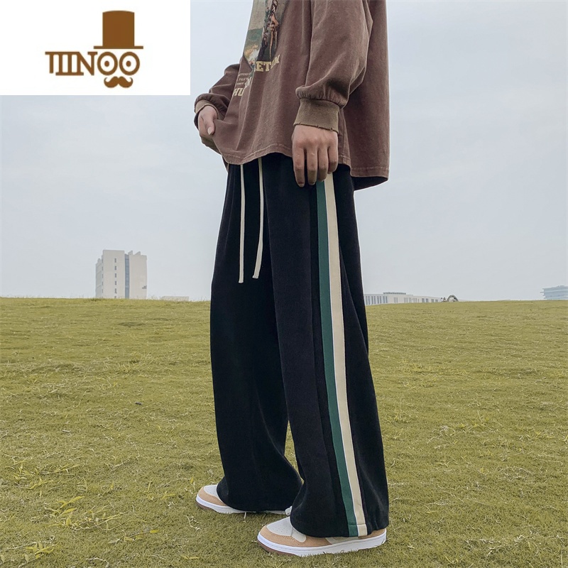 YANXU潮牌高街撞色条纹休闲裤男秋季ins港风潮流宽松直筒坠感拖地长裤
