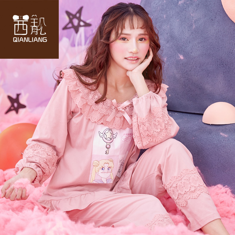 茜靓纯棉睡衣女春秋韩版甜美长袖韩版少女睡衣可爱套装宽松家居服