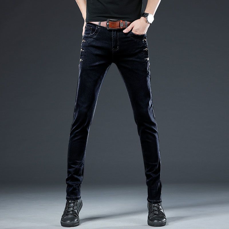 秋季牛仔裤男士黑色韩版潮流长裤子男修身小脚加绒厚