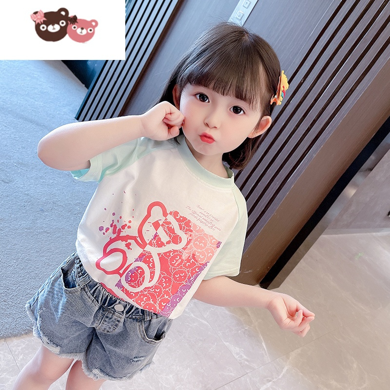 绿彩虹光女童短袖t恤2022新款小童时髦宽松半袖女宝宝洋气夏装韩版上衣潮tT恤