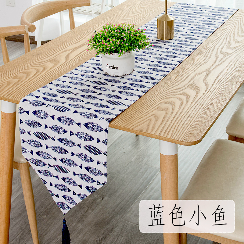 北欧桌旗现代简约茶几桌旗布长条餐桌茶台布艺鞋柜布盖 蓝色小鱼 30*180cm(适合120-140cm左右桌子茶几柜子)