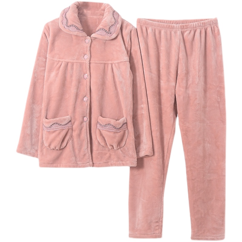 浪莎珊瑚绒睡衣女中年妈妈秋冬季加厚加绒老人法兰绒家居服套装冬高清大图