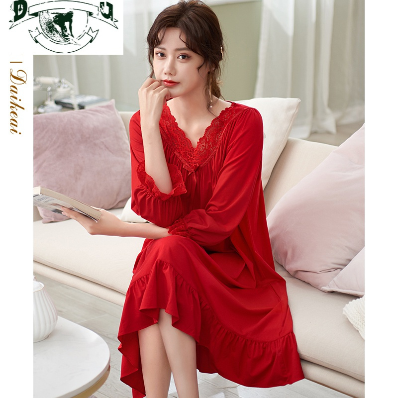 hlcoman红色睡裙女棉长袖薄款春秋季睡衣裙公主风宽松本命年结婚