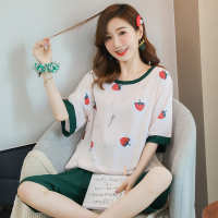 可外穿棉绸睡衣女夏短袖七分裤绵绸家居服人造棉套装薄日式ins风 ZHL棉绸7分裤-圆领米黄爱心草莓 M