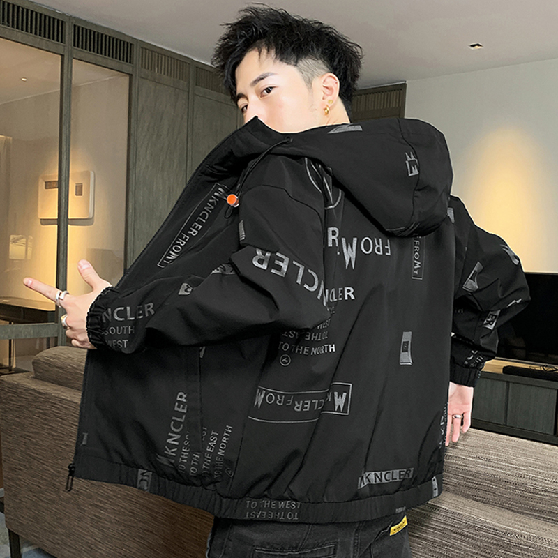 蓝缕金(LANLVJIN)男士夹克春秋季2021新品青年开衫连帽潮字母印花收口袖外套韩版休闲学生男装