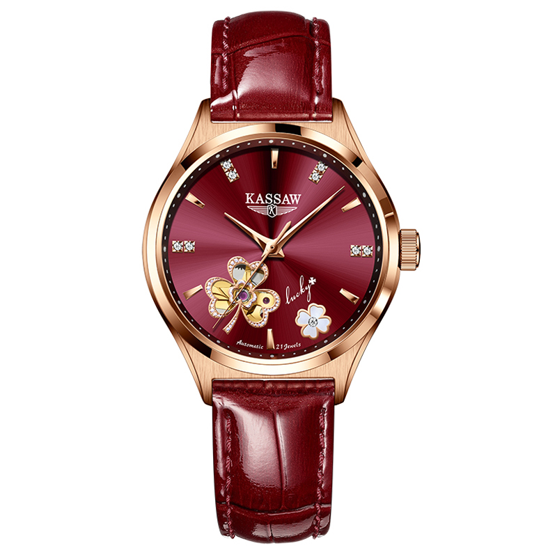 卡梭(KASSAW)手表女自动机械表真钻镂空时尚潮流防水新款四叶䓍女士表K820L 勃艮第红皮带款