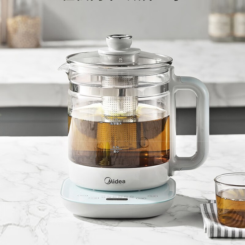 美的(Midea)养生壶电水壶泡茶煮水火锅大口径玻璃触摸屏1200W大火力 15MY01 浅蓝色