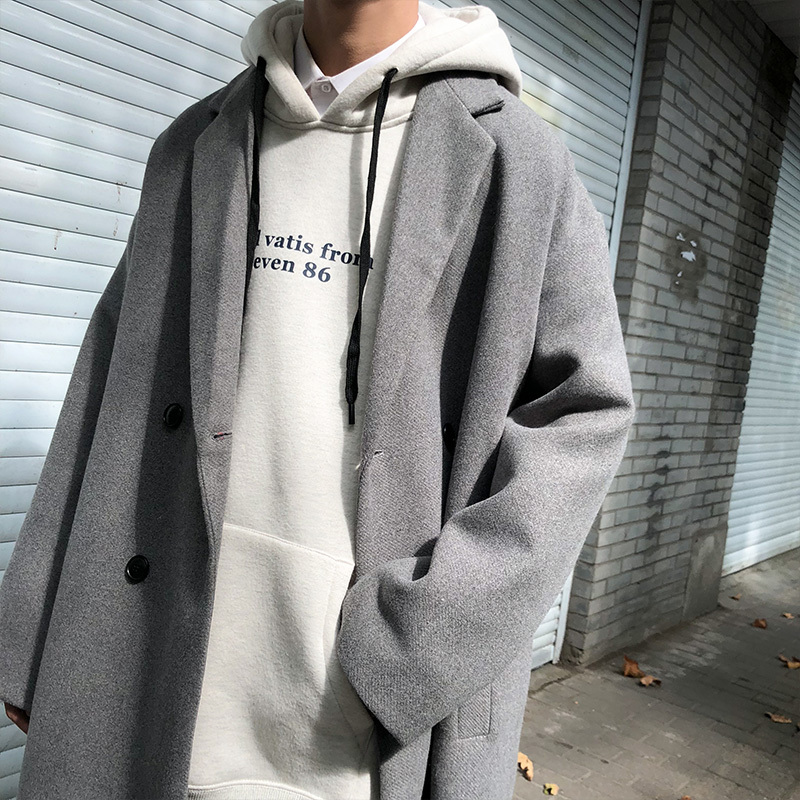 冬季毛呢大衣男中长款风衣秋冬款加厚男士呢子外套黑色英伦风冬装风衣