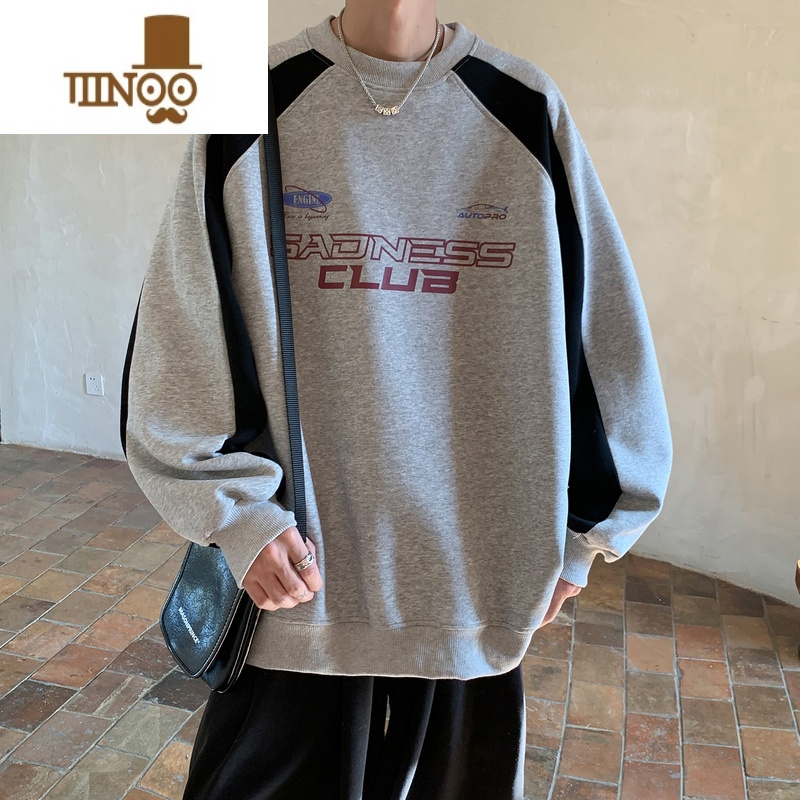 YANXU卫衣男春季新款国潮痞帅外套宽松学生撞色机车服无帽套头上衣高清大图