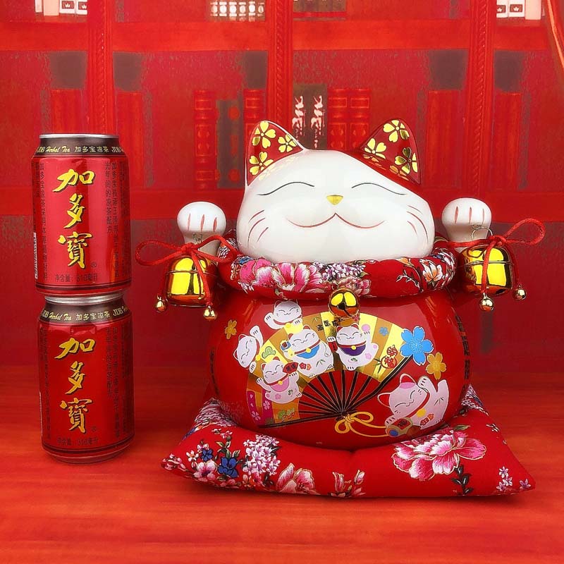 摆件 开业店铺收银台 红色发财猫存钱罐 二维码摆台 木吊牌 三维工匠 10寸大号财源滚滚+二维码木牌猫高清大图