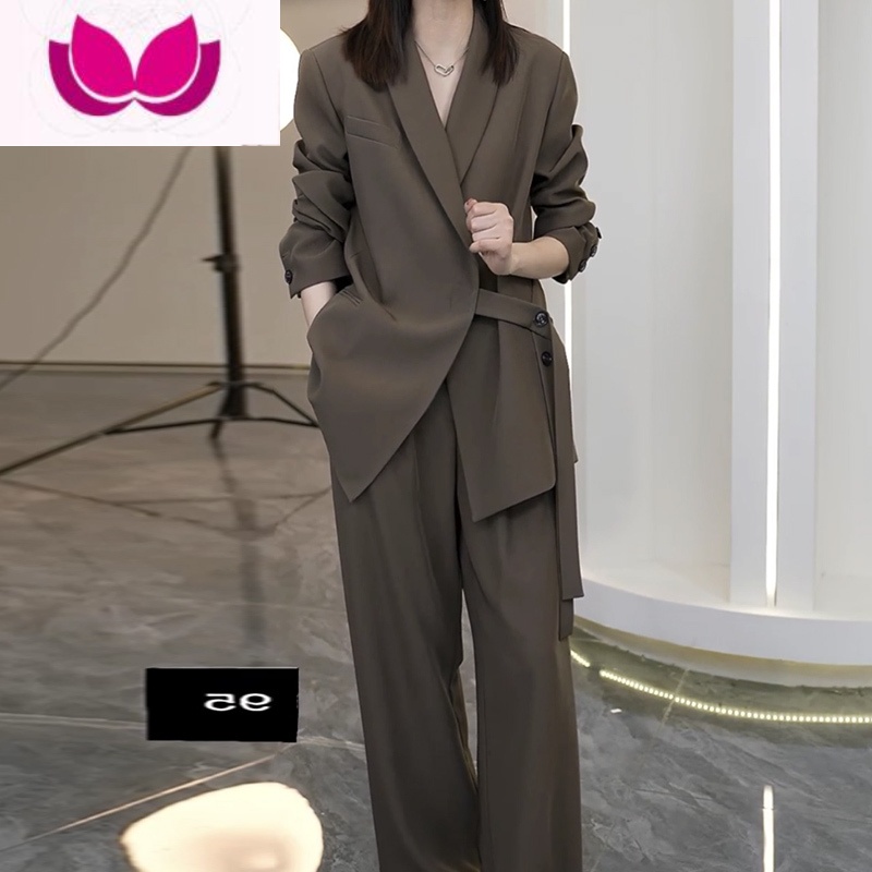 七斓春装新款大码女装胖mm套装宽松显瘦职业西服外套西装阔腿裤套 L 咖色