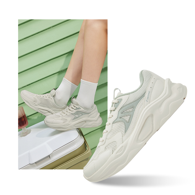 361°女鞋运动鞋新款网面透气老爹鞋鞋子轻便软底休闲鞋 羽毛白/薄灰绿 38码