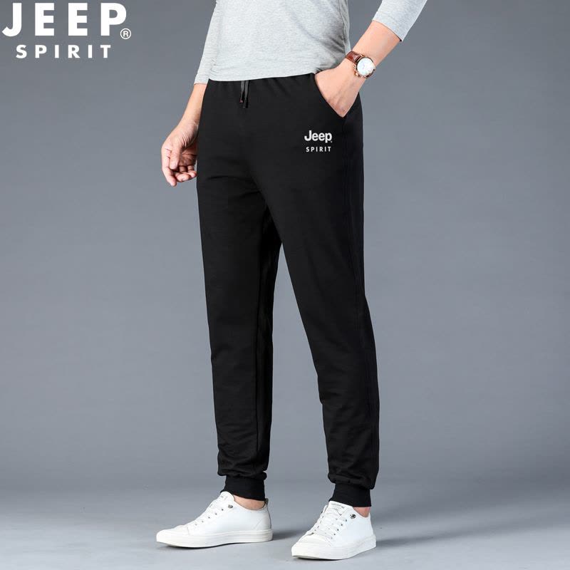 吉普/JEEP 2020春季新款运动裤男束脚长裤韩版男士休闲裤小脚裤修身纯色针织裤简约卫裤 黑色 XL图片
