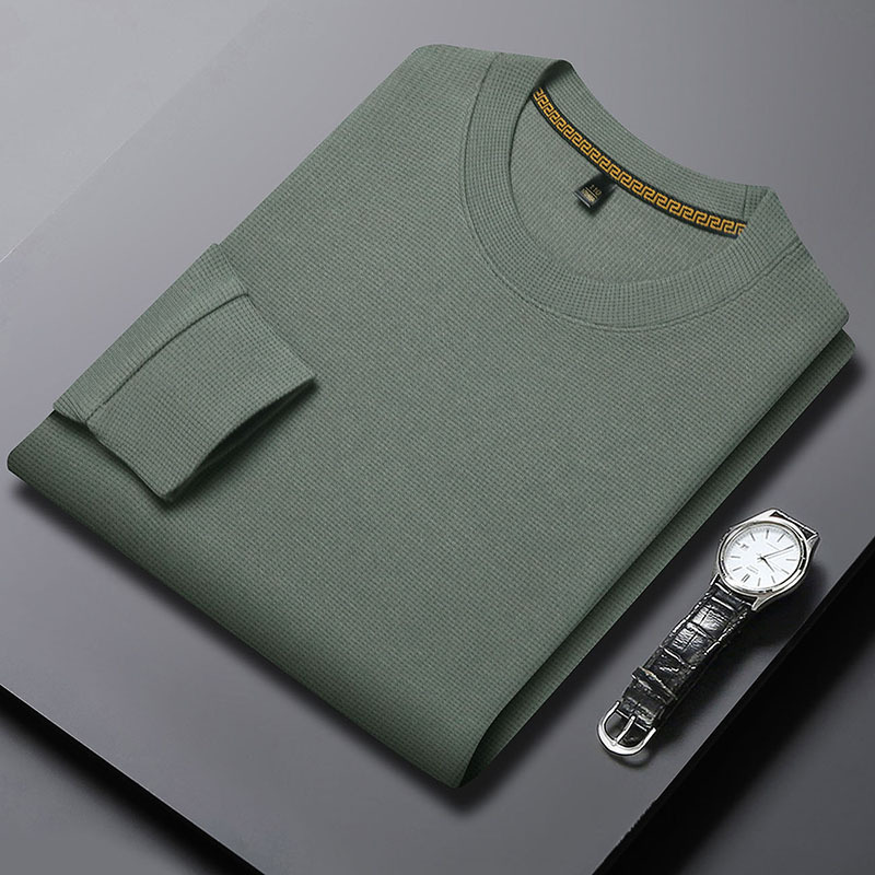 华夫格男士长袖T恤春秋季新款纯色圆领休闲百搭卫衣男款 豆绿 XXXL