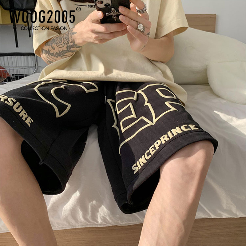 WOOG2005黑色篮球短裤男发泡印花痞帅高街潮ins百搭休闲五分裤子
