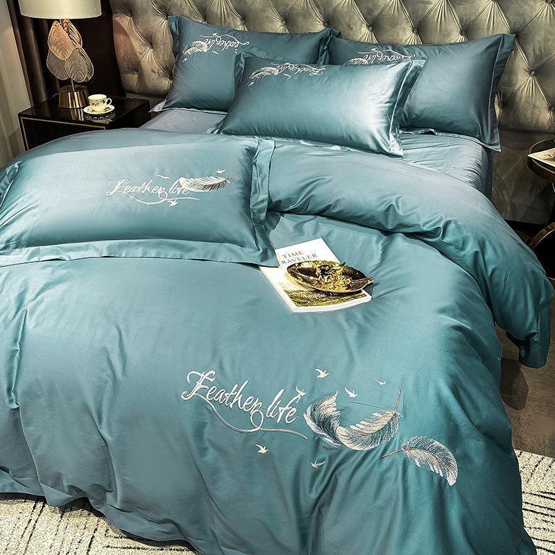 美帮汇60支长绒棉四件套全棉全棉北欧轻奢风100床单人被套床笠4床上用品 60支长绒棉四件套-飞羽浅石蓝 2.0m床（床单款四件套）【适合220*240cm被芯】