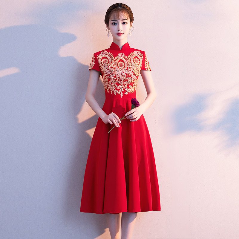 中式敬酒服新娘旗袍2018新款夏季中长款红色结婚礼服回服显瘦女