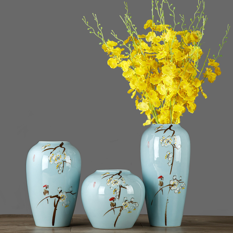 现代新中式三件套摆件景德镇陶瓷器花瓶插花禅意客厅玄关装饰品 三维工匠 [白梅红枝鸟]三件套高清大图