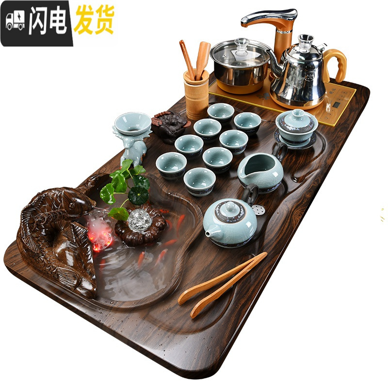 三维工匠紫砂功夫茶具套装家用简约泡茶流水雾化办公室茶台全自动整套一体 平板流水+高角紫砂 34件
