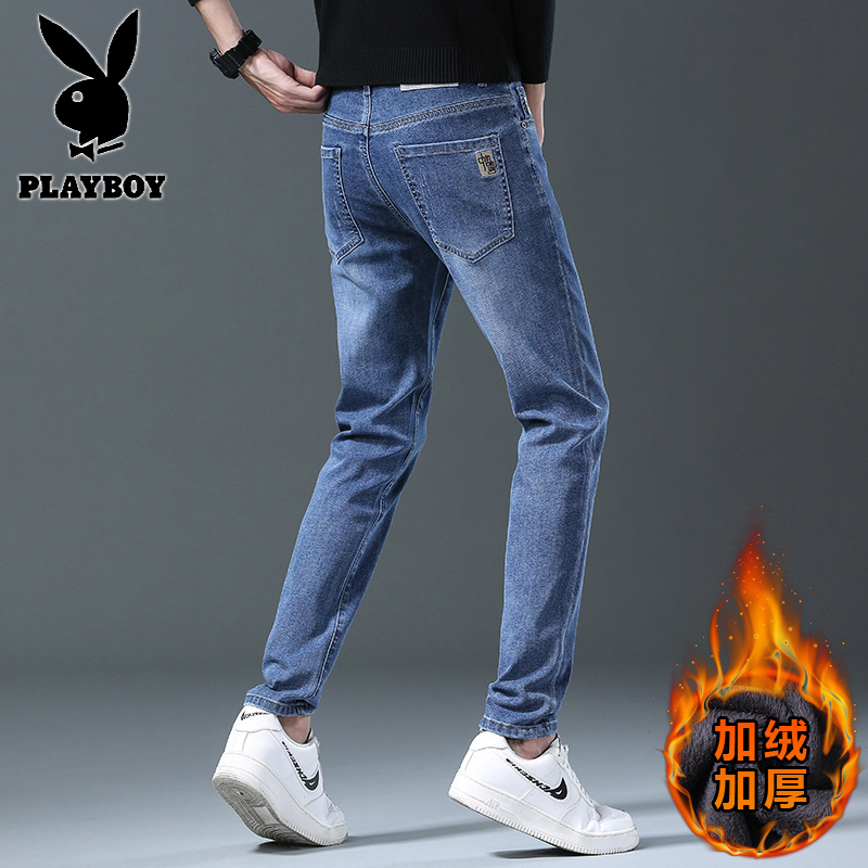 花花公子新款高品质2025秋冬新款牛仔裤男刺绣高端修身弹力潮牌男士长裤子加绒高清大图