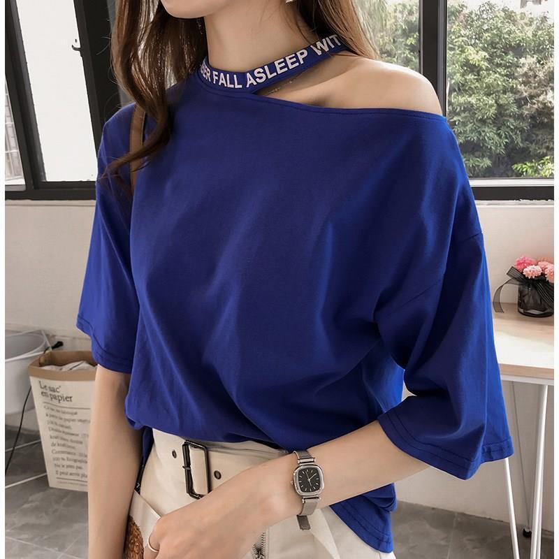 2021新款韩版挂脖t恤女夏短袖露肩上衣宽松显瘦半袖大码女装体恤 蓝色
