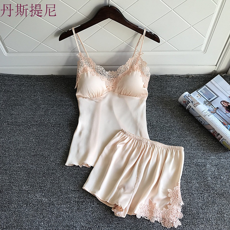 性感睡衣套装女聚拢小胸夏季火辣成人冰丝绸带胸垫带睡裤两件套
