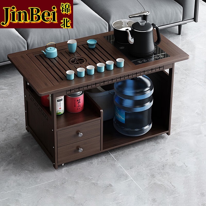 锦北 移动茶台家用竹木小茶桌烧水壶一体简约现代功夫茶几 80长防烫+孔雀茶具高清大图