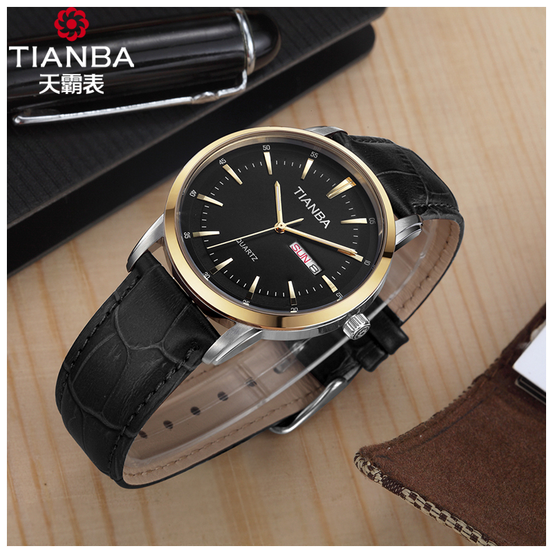 天霸(TIANBA)名仕系列男士手表 商务休闲皮带款双历手表 时尚情侣手表 石英表 男TM7019.01PK 黑色