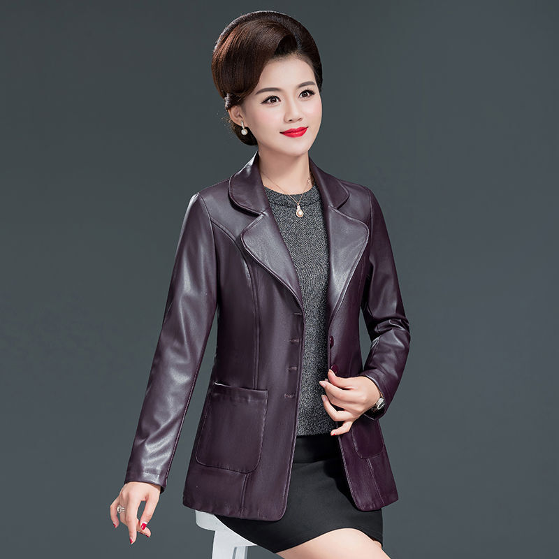 迪鲁奥（DILUAO)中年海宁皮衣外套妈妈装皮衣短款外套2021秋冬皮装皮夹克中老年女装大 5XL 857葡萄紫