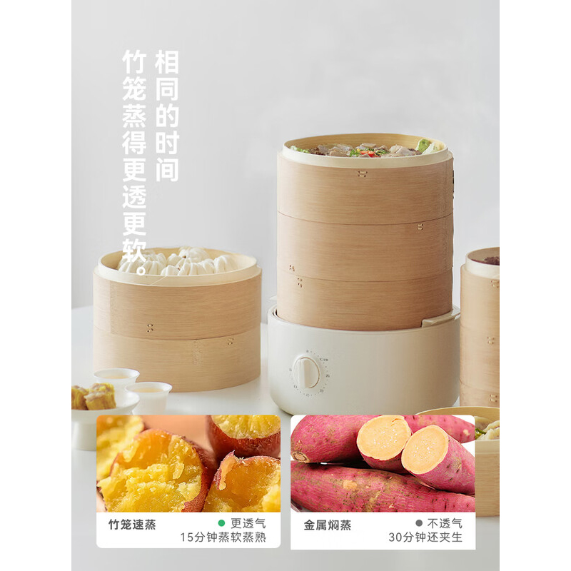 olayks立时 竹蒸笼蒸锅 电蒸锅 早餐机 家用多功能锅速热定时两层24cm宽竹木蒸笼 OLK-03-02A高清大图