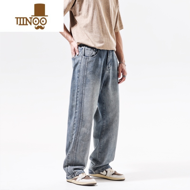 YANXU2023夏新牛仔裤男款美式街头复古休闲宽松直筒百搭阔腿搭搭阔高清大图