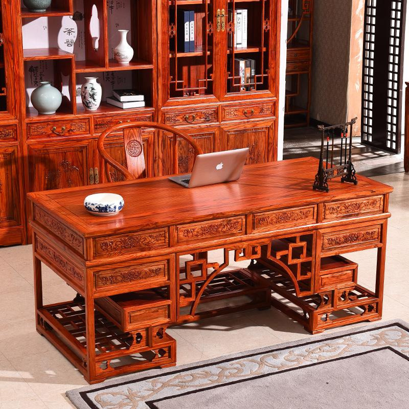 办公桌中式书桌实木家用仿古榆木书房家具套装组合画桌电脑桌龙驿