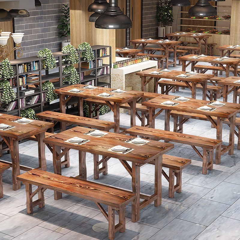 防腐碳化实木快餐桌椅面馆小吃饭店桌椅组合4人烧烤桌椅套件