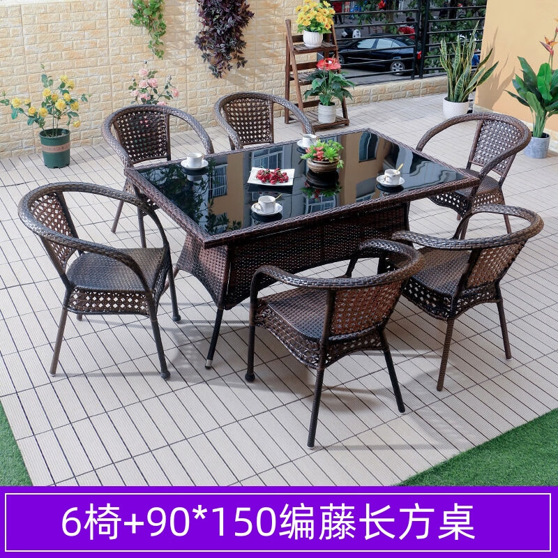 晋舰藤椅阳台桌椅室外庭院藤编椅子花园茶几藤椅组合6椅+150编藤长方桌高清大图