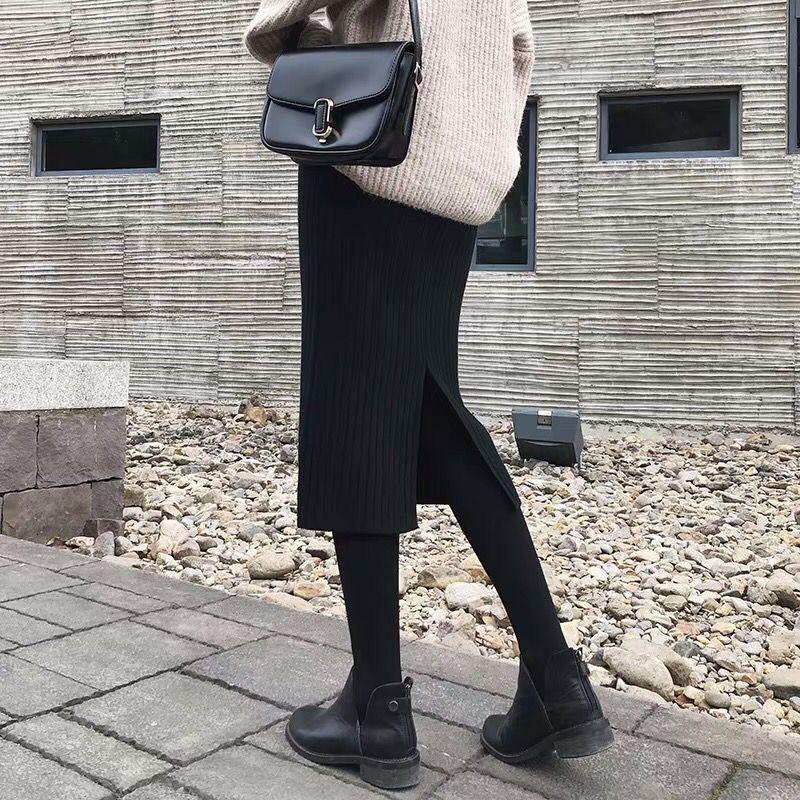 宽松大码针织半身裙女秋冬季毛线高腰中长款开叉一步包臀长裙子臻依缘