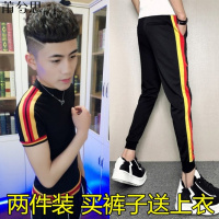 莆兮思puxisi夏季社会精神小伙一套装男快手红人中国风刺绣唐装两件套小脚裤子