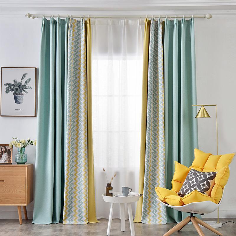 美帮汇现代简约窗帘加厚遮光防风挡寒客厅卧室北欧拼接撞色成品定制 无缝拼接-黄绿波浪 宽3.1米x高2.7米--2片-挂钩式【可改短】适宽3-3.