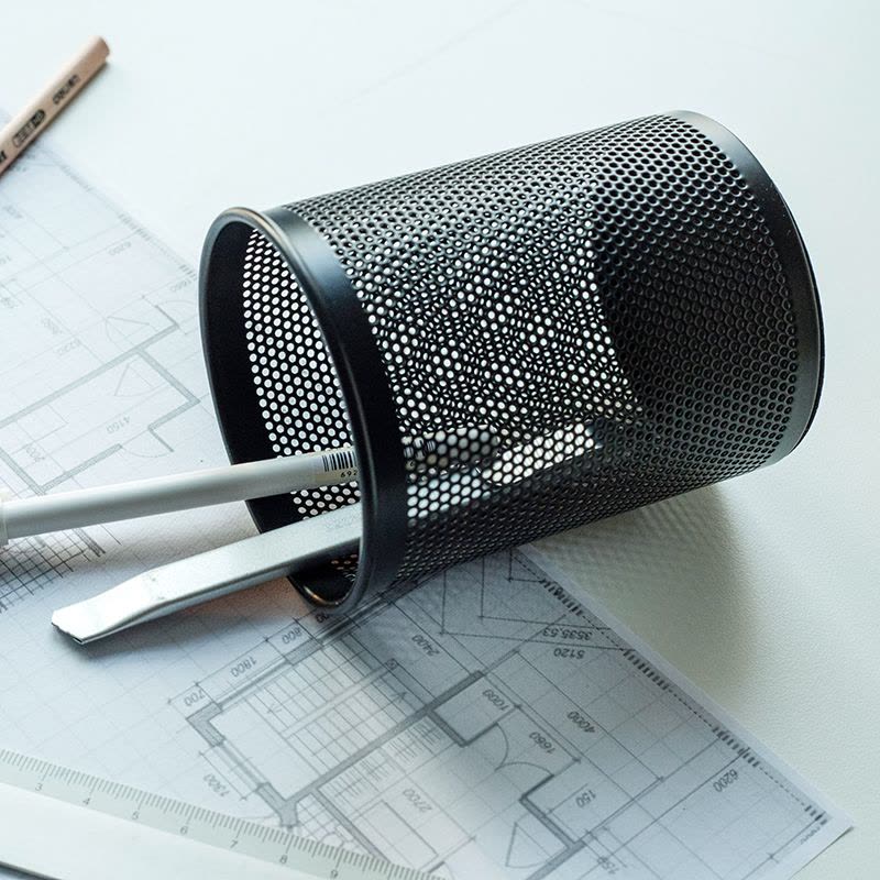 得力(deli) 909黑色 密集金属网纹圆形笔筒创意桌面收纳盒办公用品图片