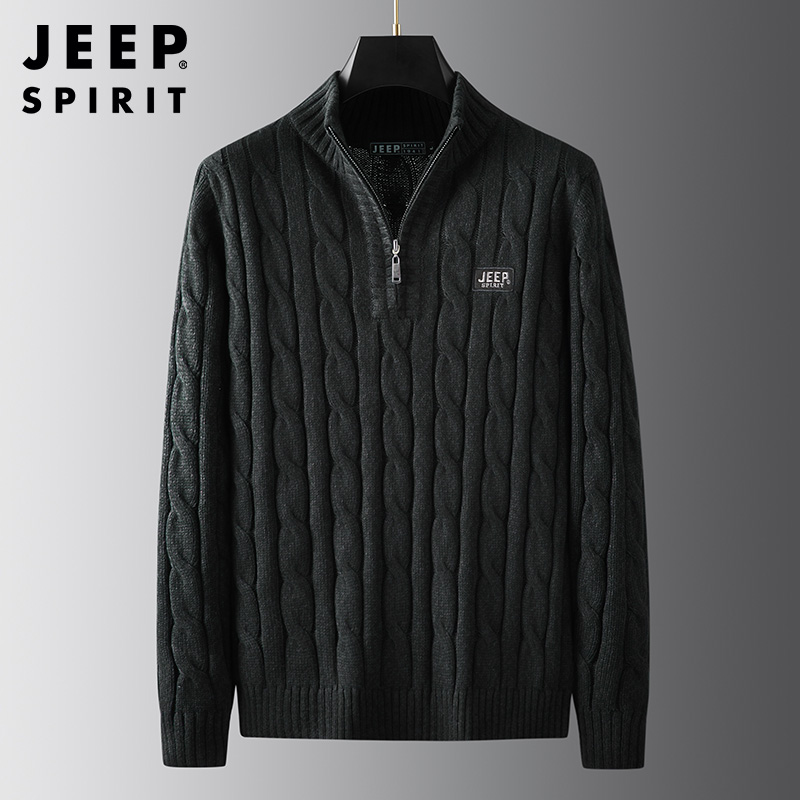 JEEP SPIRIT吉普男士针织衫加绒加厚保暖针织衫半拉链立领时尚毛衣秋冬套头衫外套 1527花黑 M