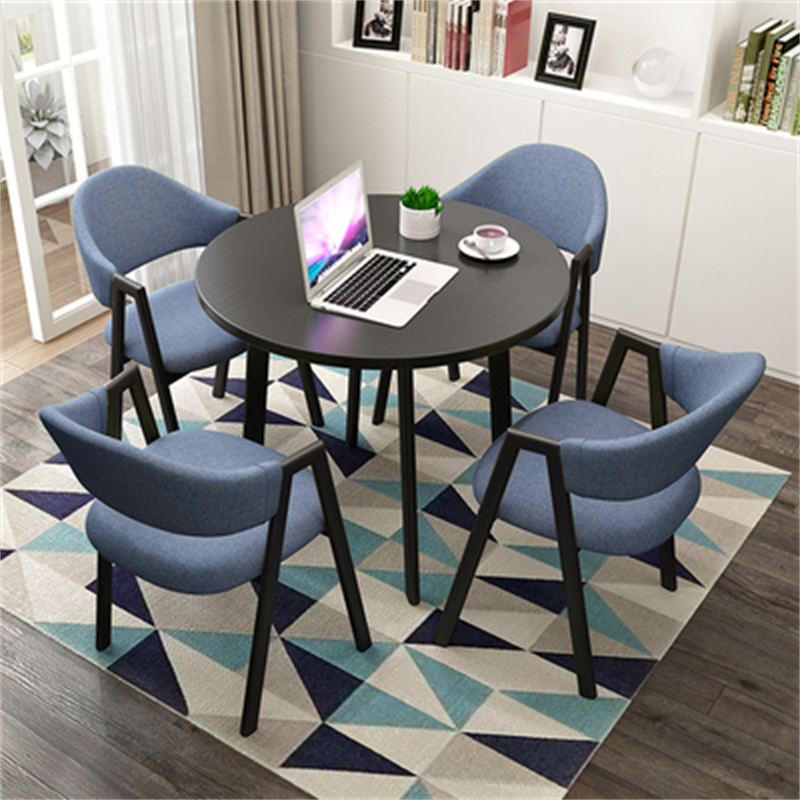 绵冠MIANGUAN洽谈桌椅组合接待桌椅会客桌休息区餐桌椅休闲咖啡桌创意一桌四椅圆桌 黑桌+4蓝布