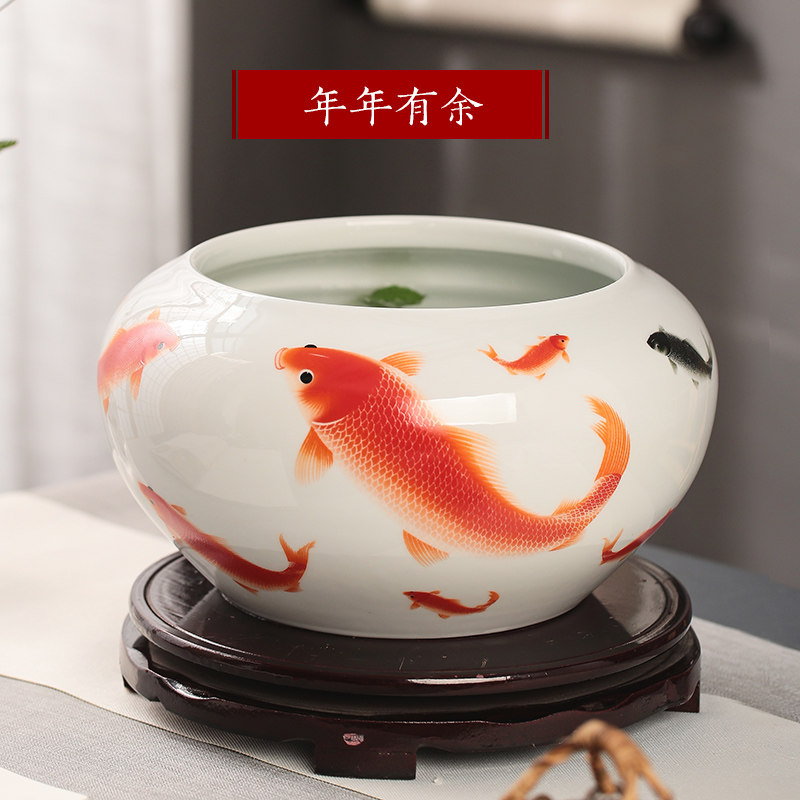 景德镇陶瓷器 手绘写意水浅金鱼缸盆养水仙荷花睡莲 家居摆件 三维工匠 中号年年有余(不含底座)高清大图
