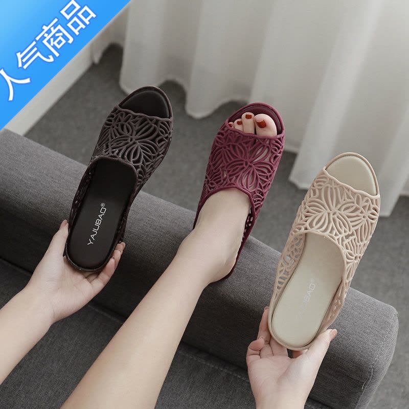 SUNTEK夏季新款镂空高跟果冻拖鞋女士防滑塑料坡跟凉拖鞋时尚室外穿厚底图片